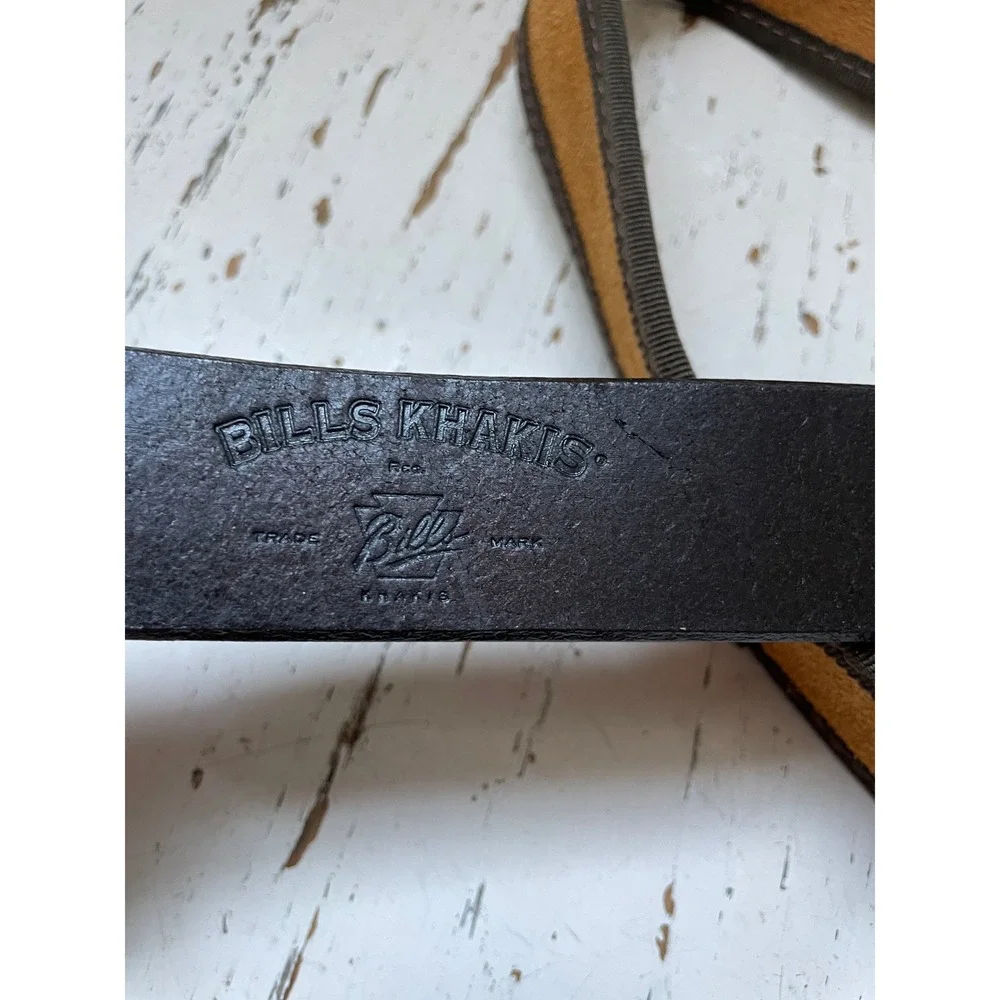 Bills Khakis Mens Brown Leather Tan Suede Canvas Trim Belt Brass Buckle Size 42